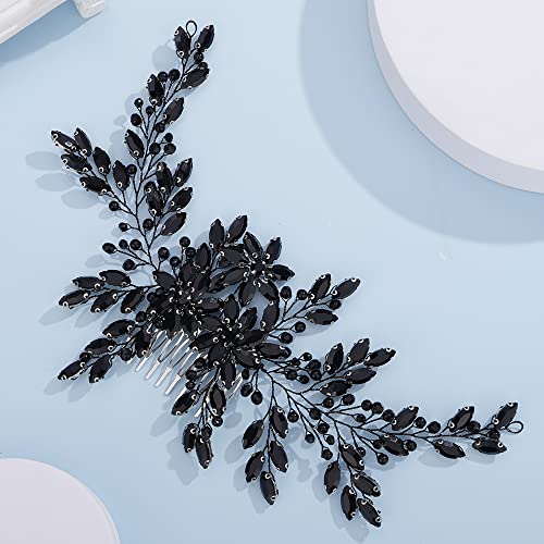 Teyglen Women Luxurious Bridal Hair Accessories - Dainty Large Crystal Pearl Flower Headband, Shiny Rhinestone Side Combs for Brides and Girls (Black)