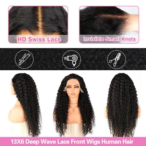 Deep Wave Lace Front Wigs Human Hair 200 Density 13x6 HD Transparent Lace Front Wigs for Women Pre Plucked Deep Curly Lace Frontal Wig Human Hair Glueless Wigs Natural Black 30 Inch