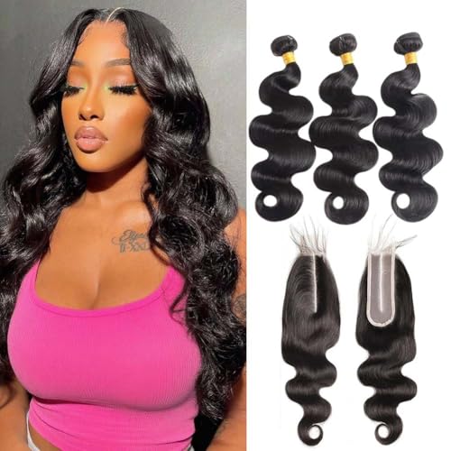 Body Wave Bundles with Closure Human Hair 20 22 24 with 18 Inch Human Hair Bundles with Closure Body Wave 100% Brazilian Virgin Weave Bundles with HD Lace Closure Natural Blac