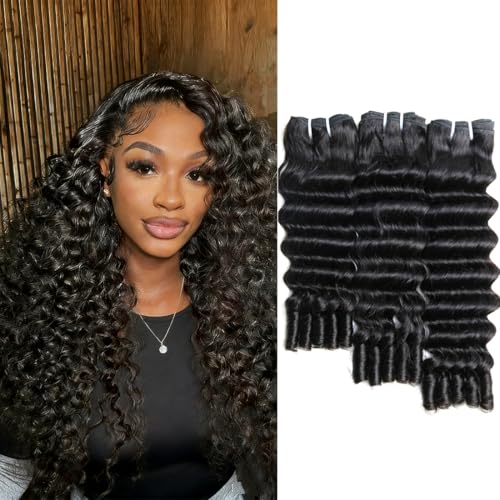 SWEETGIRL Deep Wave Human Hair Bundles Burmese Curly Bundles Human Hair Quick Weave with Spiral End Sew in Hair Extensions, Real Virgin Remy Hair, 16 18 20 Inches, Natural Color