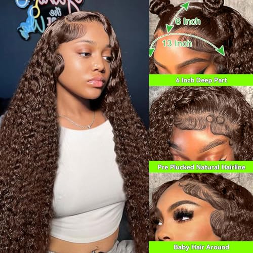 13x6 Chocolate Brown Lace Front Wig Human Hair HD Deep Wave Lace Front Wigs Human Hair Colored Deep Curly Lace Frontal Wigs Glueless Wig for Woman Pre Plucked Human Hair 22 Inch