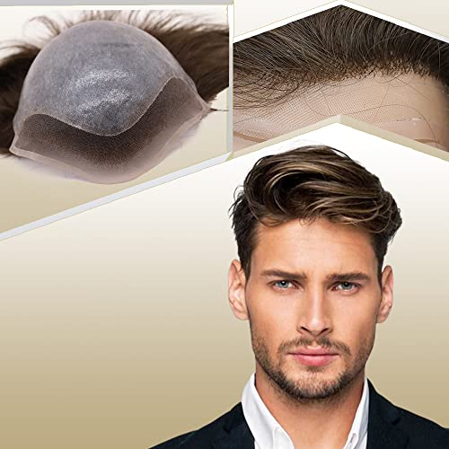 Mens Toupee European Human hair Replacement for Men Hairpiece Swiss Lace Front 0.08mm Thin Skin PU All V-looped Man Wigs 10x8inch #7 Lightest Brown Color