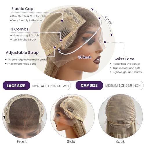 Balayage Ash Blonde Wig Human Hair Lace Front Wigs 28 Inch Ash Brown Balayage Ash Blonde Highlights Human Hair Glueless Wigs Pre Plucked HD 13x4 Lace Frontal Human Hair Wigs for Women 180% Density