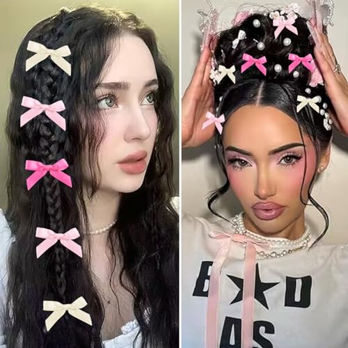 50Pcs Mini Hair Bows Clips for Women Girls Black Blue Hair Ribbon Clips Small Bowknot Barrettes White Pink Satin Cute Bow Hair Clip Metal Y2k Hair Accessories for Braids Teens Toddlers