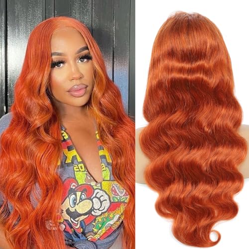 Ginger Lace Front Wigs Human Hair, 13x6 HD Body Wave Ginger Lace Frontal Wigs Human Hair Pre Plucked with Baby Hair,180 Density Glueless 350 Colored Wigs Orange Wig Human Hair for Women 28inch