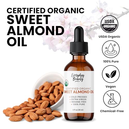 Organic Sweet Almond Oil | 100% Pure, Cold-Pressed, Unrefined | USDA Certified Organic | Amber Glass Bottle with Glass Dropper | For Face, Skin & Hair - 1 Fl Oz