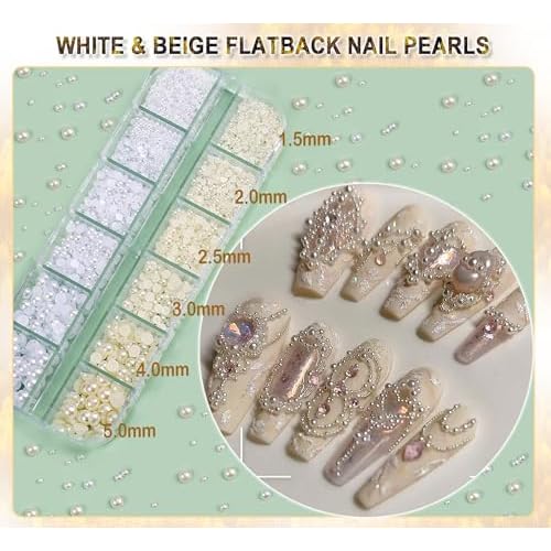 4390pcs Gold Nail Charms Caviar Beads for Nails, 2 Box Silver & Gold Beads for Nails and Flatback Pearls for Nail Art Supplies, Chloe Golden Caviar Chain for Nail Decals Jewelry Accessories