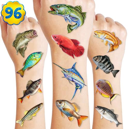 Generic Fishing Temporary Tattoos - Gone Fishing Fish Lake 96 PCS Funny Fish Themed Stickers for Kids Birthday Party Supplies, Decorations, Favors and Prizes - Cute Gifts for Boys and Girls