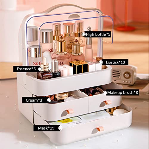 "Makeup Organizer, Dustproof Cosmetic Storage Box with Portable Handle & Fully Open Waterproof Lid for Bathroom Countertop Bedroom Dresser(White)"
