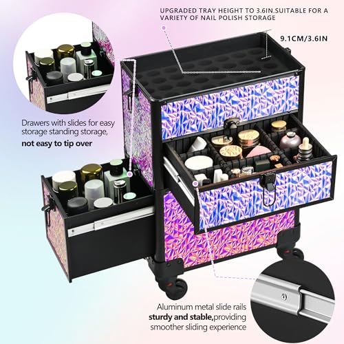 Makeup Train Case with Drawer, Rolling Makeup Case, Cosmetology Case on Wheels, Gift, Large Makeup Case Organizers, Professional for Salon Barber, Nail, Tattoo, Black Colourful