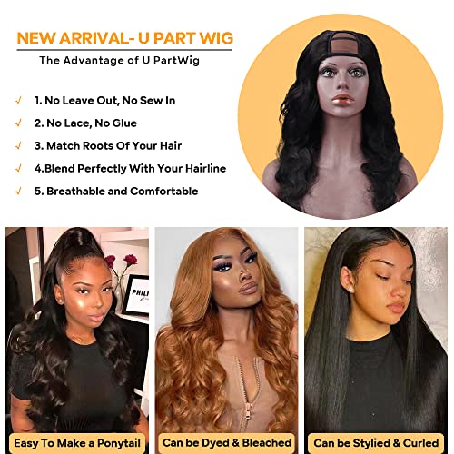 250% Density U Part Human Hair Wig Body Wave for Black Women U Part Wig Brazilian Virgin Human Hair Wig 10A Full Head Clip in Half Wig Glueless No Leave Out Lace Front Wig Natural Color 24inch