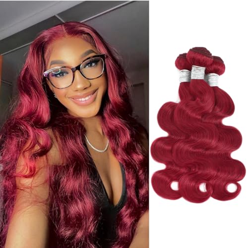 Red Burgundy 3 Bundles Human Hair Body Wave, 12A Colored 100% Unprocessed Remy Hair Soft and Bouncy Burgundy Cherry Red 99J Human Hair Wavy Bundles Sew in Double Weft Quick Weave 12 14 16 Inch
