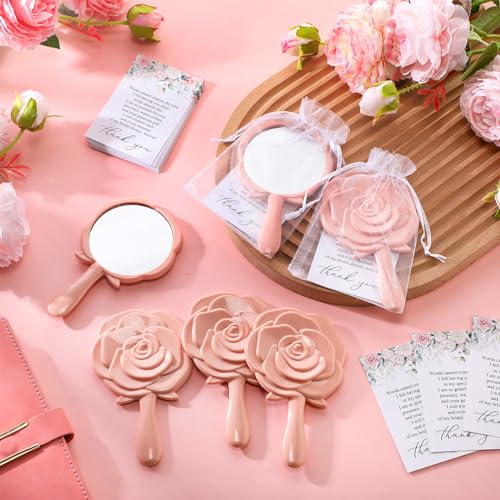 Wenqik 24 Sets Bridal Shower Favors Rose Compact Mirrors Bulk Wedding Favors for Guests Rose Compact Handheld Mirrors with Thank You Cards and Organza Bags Wedding Party Guests Souvenir Gifts (Pink)