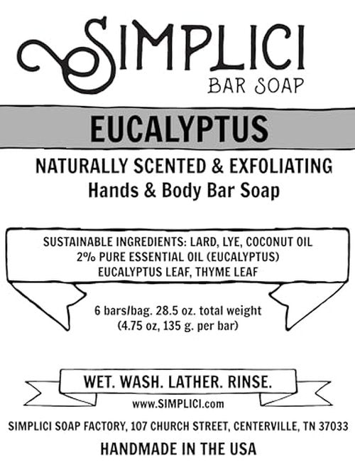 Simplici Eucalyptus Natural Soap (exfoliating + pure essential oils) 6 Bar Value Bag. Palm Free.