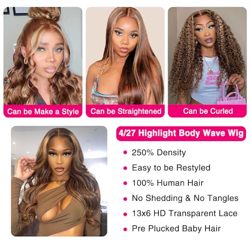 250% Density Honey Blonde Body Wave Lace Front Wig Human Hair 4/27 Highlight Ombre Lace Front Wigs 13x6 Glueless HD Transparent Lace Frontal Wig for Women Pre Plucked with Baby Hair (30inch)