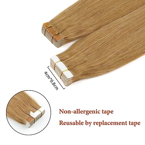 Lovrio Tape in Hair Extensions Straight Hair, 27 Strawberry Blonde Seamless Skin Weft Human Hair 50 Gram 14 Inch 20 Pieces