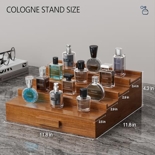 Cologne Organizer for Men,4 Tier Walnut Wood Cologne Stand,Cologne Shelf Display Holder with Hidden Storage and Drawer,Perfume Stand Organizer Great Gift for Men,Walnut