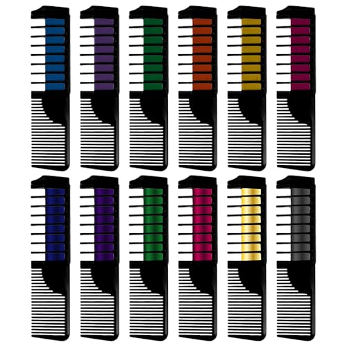 12 Hair chalks comb, 12 NEON & METALLIC hair chalk, Non-Toxic Easy Washable Hair Dye Colourful, METALLIC & NEON hair chalk -Perfect for Festivals, Halloween, Party, hair chalks for girls