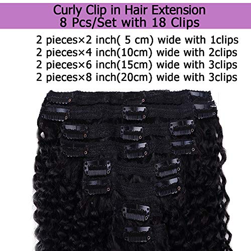 Curly Clip In Extension Human Hair 3C 4A Kinky Curly Clip Ins Full Head for Black Women Brazilian Remy Human Hair Natural Color 8Pcs with18clips 120g/Set (30 inch, curly wave)