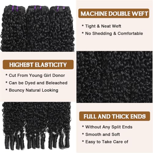 Burmese Curly Human Hair Bundles 16 18 20 Inch Water Wave Bundles with Spiral End 100% Unprocessed Quick Weave 3C4A Virgin Remy Hair Double Weft for Women Natural Black