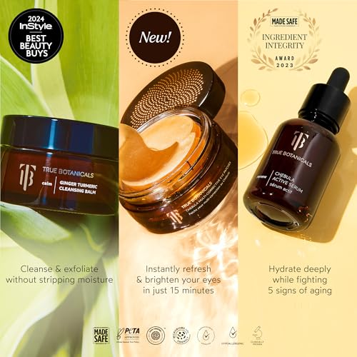 True Botanicals Collagen Boosting Essentials Set |Increase Hydration, Treat Fine Lines & Wrinkles | Contains Ginger Turmeric Cleansing Balm, Chebula Active Serum, & Chebula MultiCorrective Eye Patches