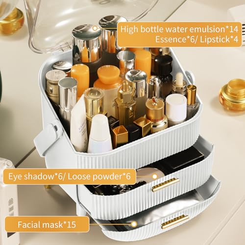 CANITORON Makeup Organizer,Skincare Organizer with 2 Drawers and Transparent Cover,Cosmetic Display Case for Vanity Organizer and Bathroom Countertop Storage.(White)