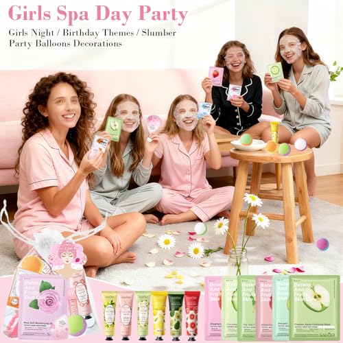 100PCS Spa Party Supplies with Decorations Balloons for Girl,Include Balloons Face Masks Skincare, Lip Balm, Under Eye Patches, Foot Bath Bomb, Birthday Sleepover Supplies Party Kit for Women Gift Set