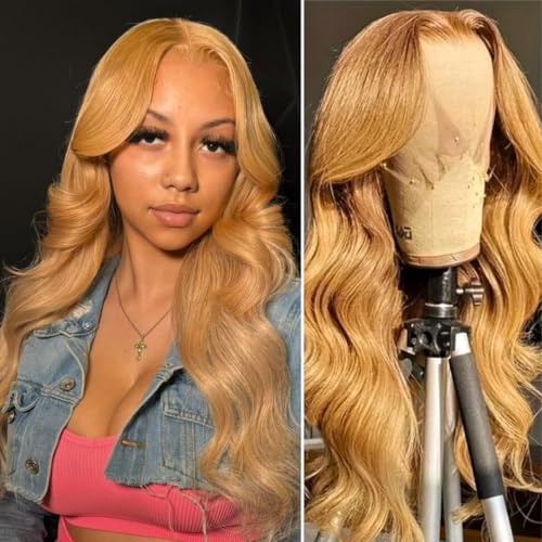 ALHER Honey Blonde Lace Frontal Wig Human Hair 24 Inch Body Wave, 180% Density Blonde #27 Colored 13x4 HD Lace Front Wig Pre Plucked With Baby Hair Ear to Ear, 12A 100% Virgin Remy Hair for Women