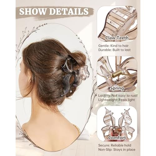 Mesovor 4 Pack Cute Bow Claw Clip for Women, Nonslip Large Matte Strong Hold Bows Hair Clips for Thin and Thick Hair | Chic Hair Styling Accessories (4.1" Black, Leopard)