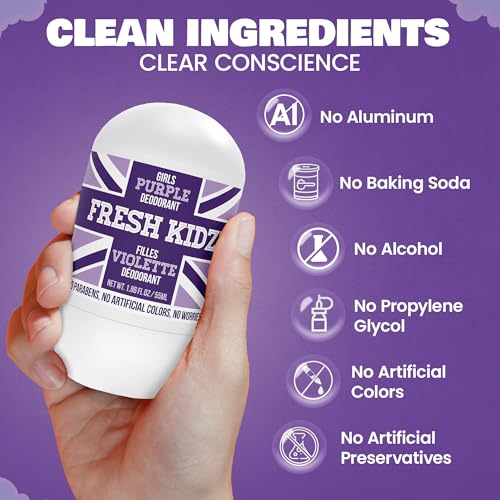 Fresh Kidz Roll On Deodorant for Kids and Teens - Baking Soda and Aluminum-free 24 Hour Protection for Sensitive Skin - Girls "Purple" 1.86 fl.oz. (2 Pack)