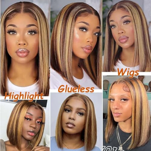 Selina 4x4 Straight Highlight Ombre Bob Wig Human Hair Hd Lace Front Wigs Human Hair Gluless 100% Remy Hair for Women Transparent Lace Wig 12 Inch