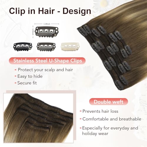 XDhair Clip in Hair Extensions Human Hair 120g 20 Inch 6pcs Balayage Color 3 Darker Brown to 8 Ash Brown and 22 Golden Blonde Double Drown Clip in Hair Extensions(20¡±, 3/8/22)