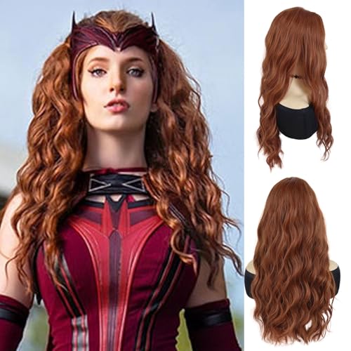 GNIMEGIL 25¡° Long Red Brown Scarlet Witch Cosplay Wigs for Women Heat Resistant Fiber Middle Part Wig Curly Wavy Wigs Natural Synthetic Fiber Wig Drag Queen Party