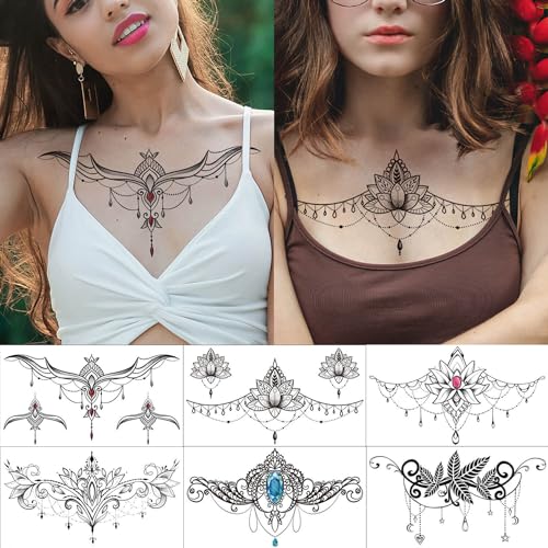 GLARYYEARS Underboob Chest Temporary Tattoos for Women Girls, 6-pack Black Fake Realistic Large Long Lasting Creative Removable Tattoo Stickers, Sexy Floral Leaf Jewelry Tramp Stamp Sketch on Body
