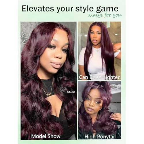 KLAIYI Black Cherry Loose Body Wave Pre Eeverything 13x4 Lace Frontal Wigs Human Hair Bye Bye Knots Glueless Ready to Wear and Go Wig with Face Framing Bangs Drawstring Pre Plucked Burgundy Wig 18Inch