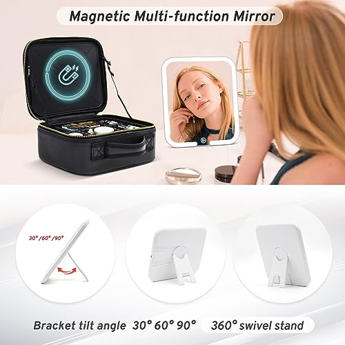 Makeup Bag with Magnetic Detachable Lighted Mirror 360¡Æ Swivel Angle, Travel Makeup Bag with Lights Portable Makeup Case Organizer with Mirror, Partition Cosmetic Bag Tools Accessories Train Case Gift