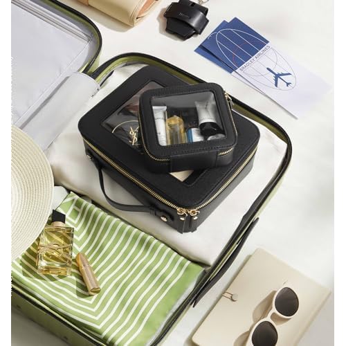 LETGO Clear Makeup Bag Set,Portable Travel Toiletry Bag Cosmetic Case for Women,Vegan Leather Make Up Pouch Organizer Car Bag for Essentials(Mini+Large Black)