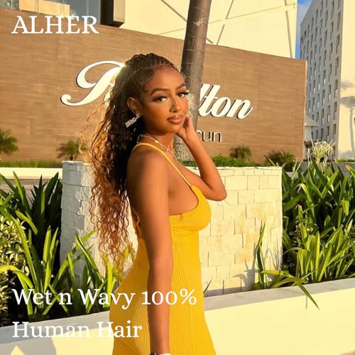 ALHER 12A Ombre Human Hair 3 Bundles Water Wave 20/22/24 Inch, Salon Quality Soft Thick Chestnut Brown Ombre Curly Bundles Wet and Wavy 100% Remy Hair #T1B/2/30 Dark Root to Medium Auburn Sew In Weave