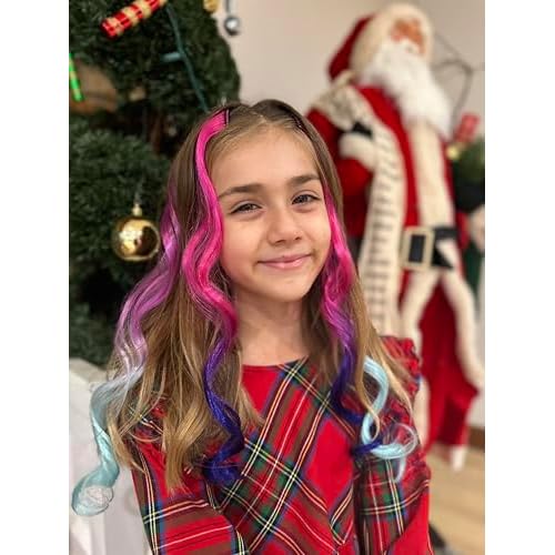 Dreamlover Girls Clip In Rainbow Hair Extensions, Mix Colored Hair Extensions for Kids, Dual-color Curly Hairpieces for Halloween, 24 Pieces