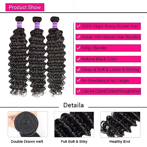 Bundles and Closure Deep Wave Bundles with Closure (20 22 24+18£¬Free Part) Wet and Wavy Hair 3 Bundles with Lace Closure 100% Brazilian Virigin Human Hair Weave Bundles with Closure Natural Color