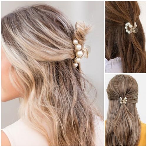 Leezmark 6 PCS Pearl Hair Clips, Wedding Hair Clip for Thick Long Thin Curly Hair White Fancy Big Claw Clips Hair Accessories for Women, Girls