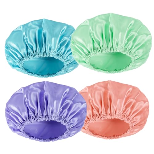 AmazerBathShower Cap, 4 PCS Shower Caps for Women Reusable Waterproof, Double Layers Hair Cap for Shower, Elastic and Flexi Bath Caps, Environmental Protection Bathing Hat for Adult Kids
