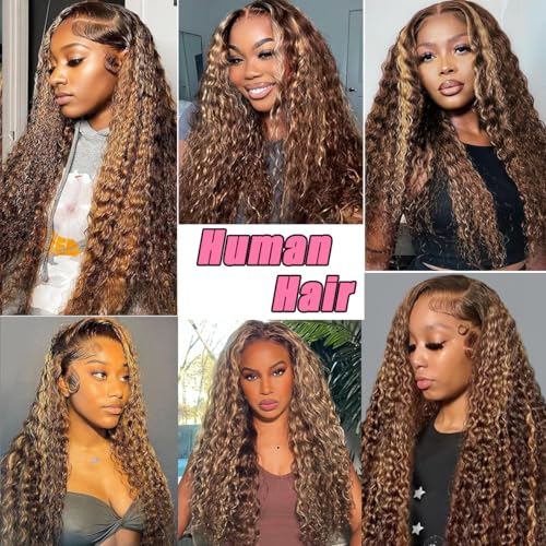 Highlight Ombre Lace Front Wig Human Hair Pre Plucked 13x6 HD Honey Blonde 4/27 Deep Wave Lace Frontal Wigs 200% Density Glueless Colored Wigs for Women Wet and Wavy Lace Front 28 Inch