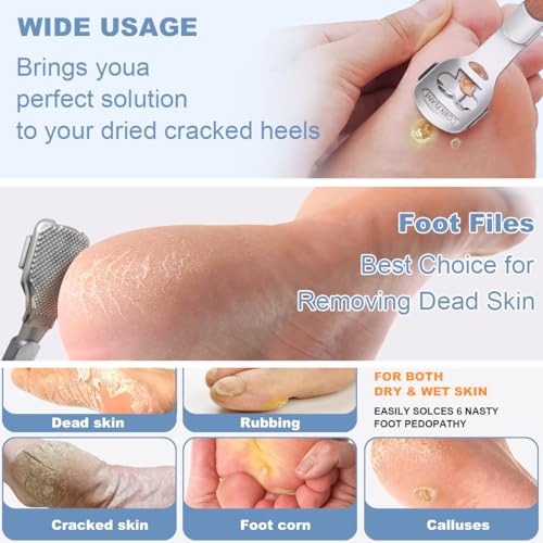 43 Pcs Callus Shaver for Feet Set, Foot Callus Shaver, (1 Stainless Foot File &1 Foot File Heads & 40 Replacement Slices Blades & 1 Nail Cleaning)