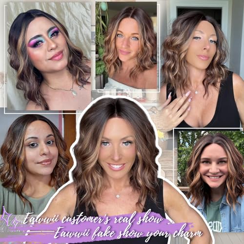 Brown Highlight Short Wavy Wig for Women Lace Hairline Bob Style Synthetic Heat Resistant - Natural Appearance for Everyday Hairstyle 14 Inch