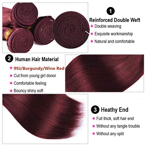 99j Burgundy human hair Straight Hair 20 22 24 with 20closure 8A Brazilian Virgin Hair 99j Burgundy Straight Hair Weaves Bundle Free Part Red Wine Color 100% Unprocessed Human Hair Weft Weaves