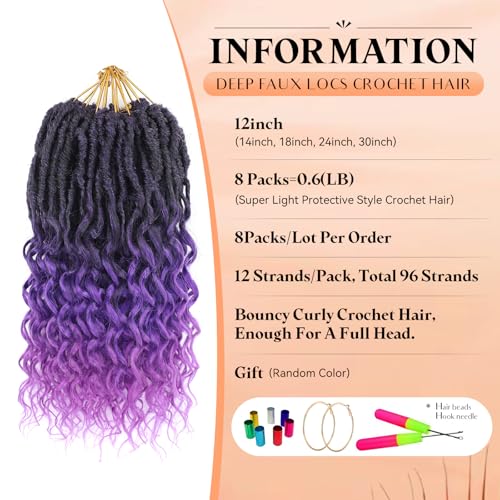 Short Purple Crochet Hair-8 Packs 12 Inch Deep Faux Locs Crochet for Black Women Pre Looped|Prelooped Goddess Locs With Wavy Curly Ends Synthetic Crochet Braids,Lightweight& Natural (12",T1B/Purple#)