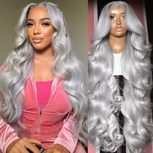 13x6 Grey Lace Front Wigs Human Hair Body Wave Gray Wigs Human Hair Pre Plucked with Baby Hair 200 Density Glueless Brazilian Virgin Grey Lace Frontal Wigs for Women 26 Inch