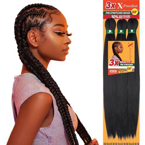 Sensationnel X-pression prestretched braiding hair - 3x braid 50 inch all kanekalon flame retardant synthetic braid for box braids and twists (1 pack, 1B OFFBLACK)