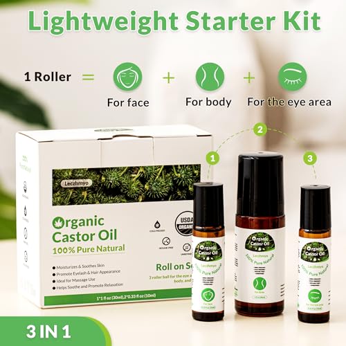 Organic Castor Oil Roll on for Belly, Face, Body, Under Eyes? Certified Organic, Cold Pressed, Hexane Free, Unrefined ? 3 Glass Bottle Pure Roller Ball Castor Oil to Moisturize Skin, Lips